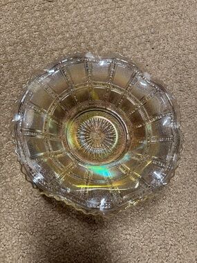 IMPERIAL GLASS BEADED BLOCK YELLOW, AMBER IRIDESCENT RUFFLED BOWL